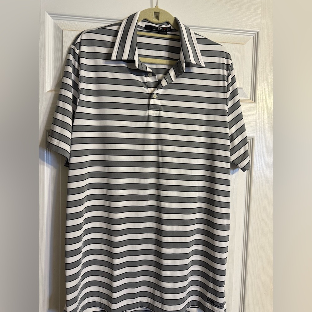 RLX Ralph Lauren Gray White Striped Performance Polo Shirt Men’s Large NWOT